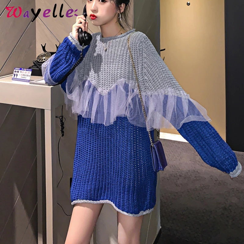

Korean Sweater Dress Stitching Mesh Loose Sweaters Women Autumn Winter Chic Sweet Oversize Long Sweater Tide O-Neck Casual Tops