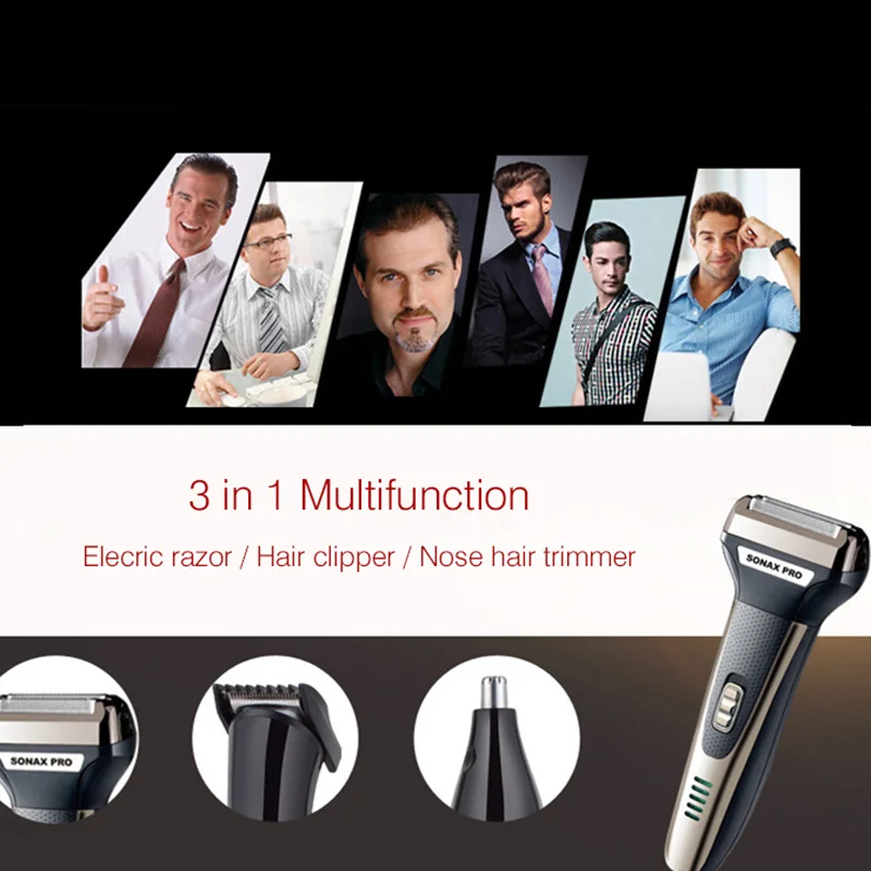 Sonax Pro 3 в 1 мужская электробритва, перезаряжаемая бритва для бритья бороды, электрическая бритва, возвратно-поступательная Чистка носа, бритвенный станок для волос E