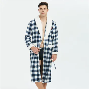 

Plaid Flannel Men Sleepwear Sexy Kimono Bathrobe Gown Pocket Home Clothing Nightwear Winter Warm Coral Fleece Belt Pyjamas