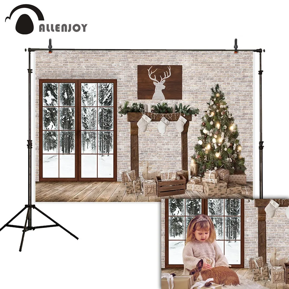 

Allenjoy christmas backdrop brick wall wood floor door forest tree gift winter photo background photocall photography photozone