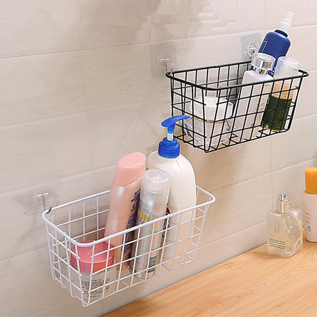 2Pieces White Grid Basket Wire Wall Basket with Hanging Hook, Wall-mounted Organizer for Grid Panel, Wire Storage Shelf Rack