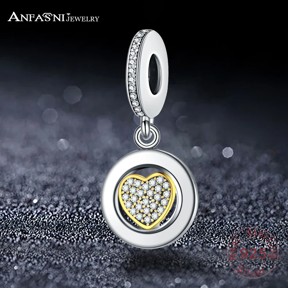 

ANFASNI 925 Sterling Silver Two-tone Gold Heart With AAA CZ Charms Fit Original Brand Charm Bracelet Necklace Silver Jewelry