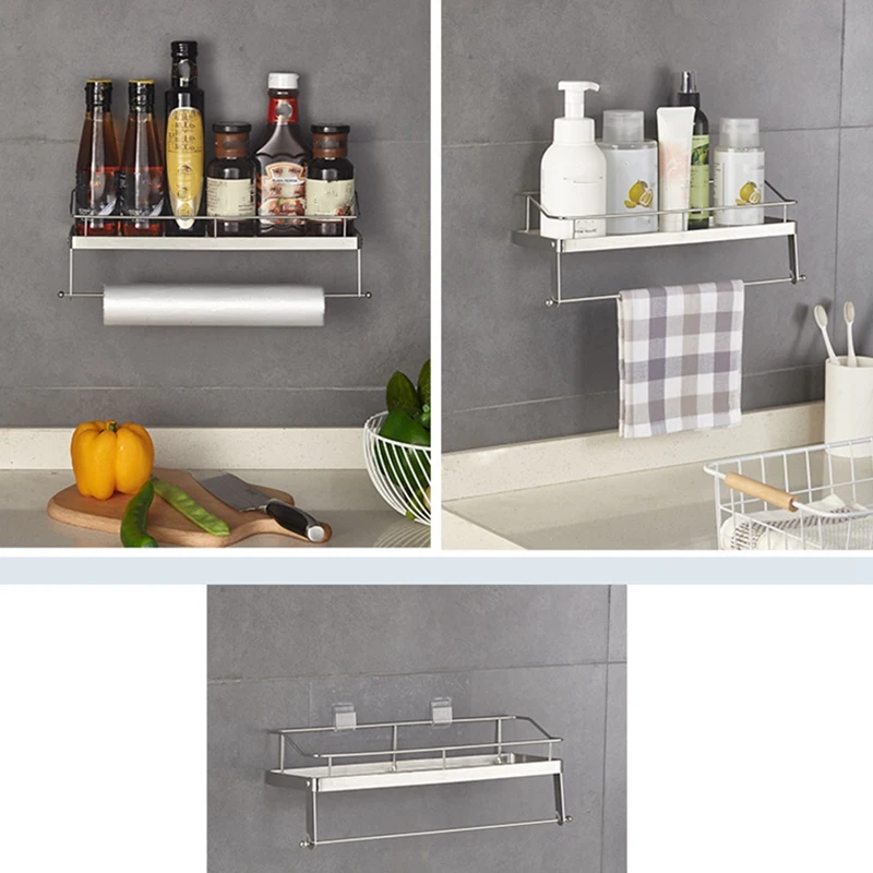 304 Stainless Steel Kitchen Bathroom Toilet Shelf Wall Mount Shower Adhesive No Drilling Storage Organizer Shampoo Holder Rack