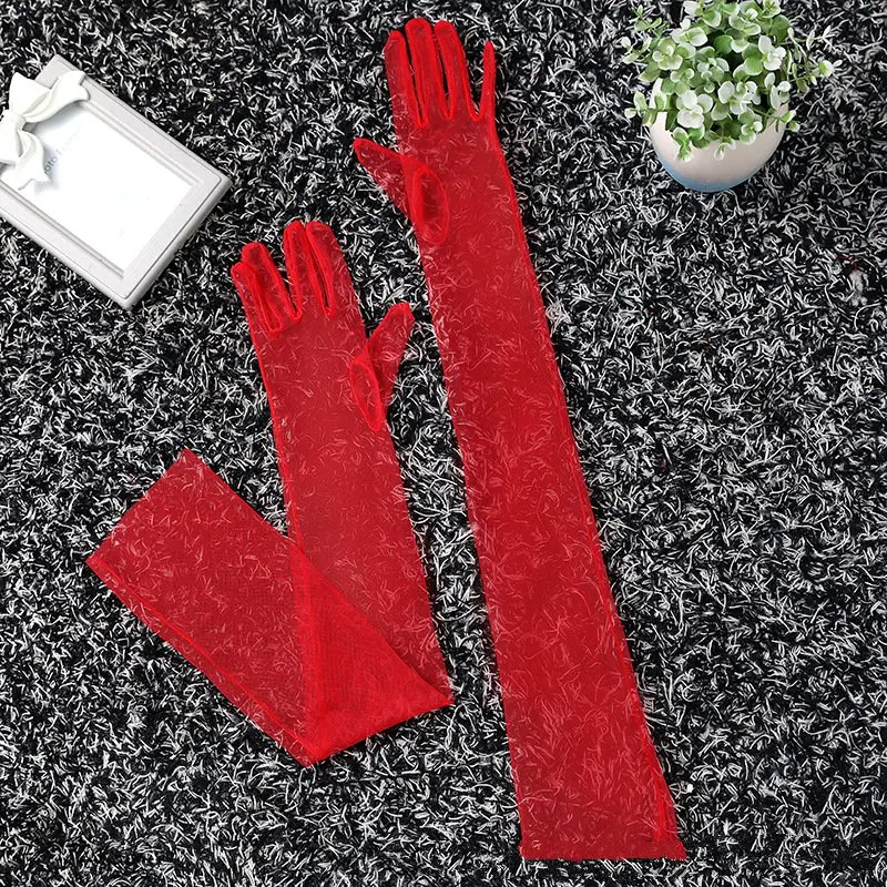 Red Женские свадебные перчатки с длинными пальцами, свадебные перчатки для невесты и подружек невесты, тюлевые перчатки, перчатки для выпускного костюма, перчатки для особых случаев - Цвет: Red