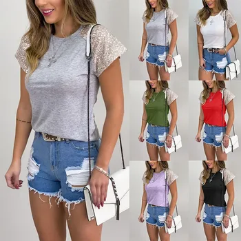 

Patchwork Women Tops T-Shirt Summer Casual Round Neck Ladies Tee Shirt Tshirt Short Sleeve Sequins Female Top Tshirt T Shirt D30