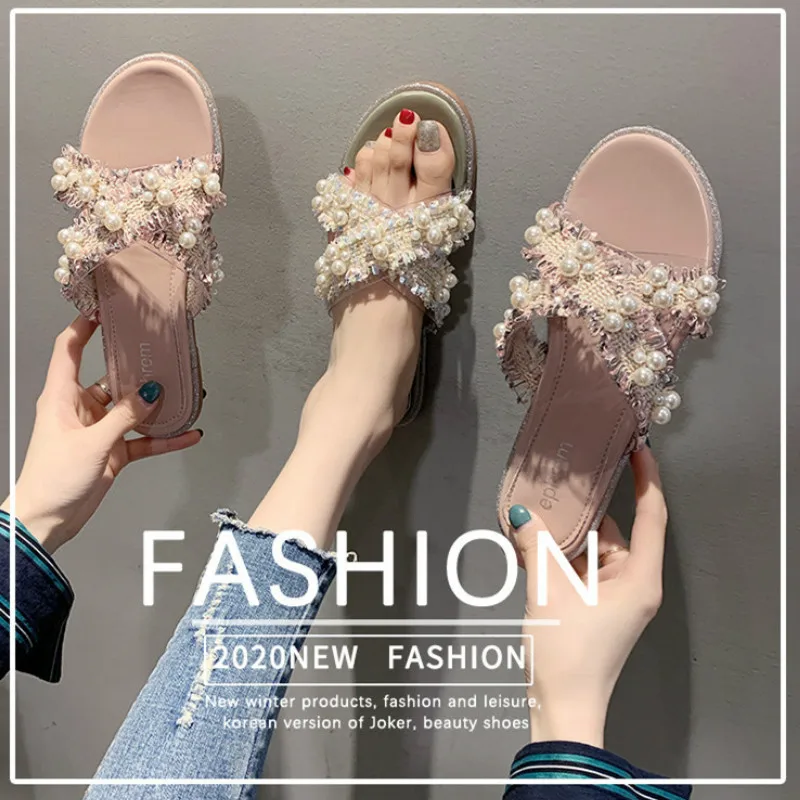 

Summer New Leisure Fashion Slippers Women String Bead Square Heel Flat Outer Wear Slides Drag Breathable Beautiful Non-slip Shoe