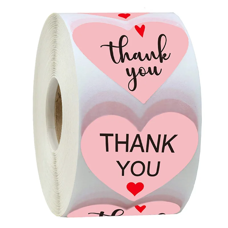 1 Roll 2 Styles Pink Heart Thank You Wedding Stickers for Shopping Small Shop Local Handmade Baking Gift Decor Labels Sticker | Канцтовары