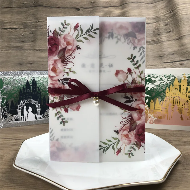 Biglietto trasparente 10X per invi di nozze, pergamena fiore rosa bordeaux verde, addio al nubilato, dolce festa di compleanno 15  15