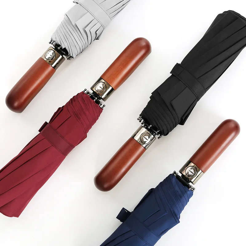 

Full Automatic Umbrella Double Layer Wooden Handle Parasol Three Folding Umbrella Business Umbrella Family Travel Parasol