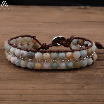 

Vintage Women 6mm Round Matted Amazon Stone Beads Leather Wrap Bracelet Boho Women Cuff Bracelet Jewelry Gift N0305AMAA