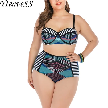 

Plus Size Tankini Set L-4XL 2020 New High Waist Brief Bikini Set Push Up Halter Striped High Neck Bandage Swimsuits
