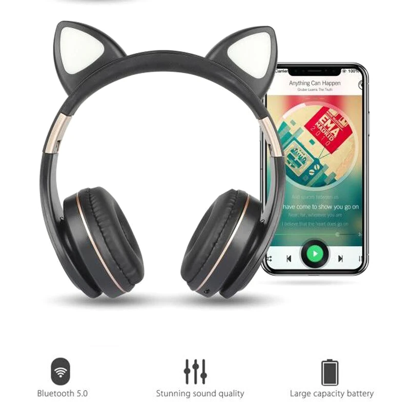 Bluetooth Headphones Cat Ear LED Light Up Wireless Foldable Headphones over Ear for Smartphones Laptop PC TV