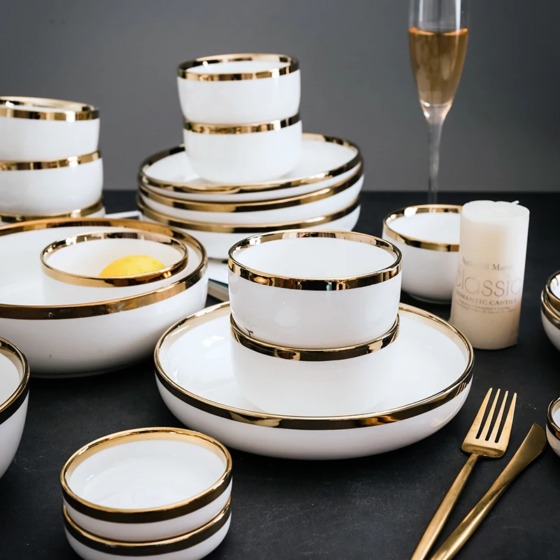 Ceramic Plates White And Gold Crockery Set Ceramic Dinnerware