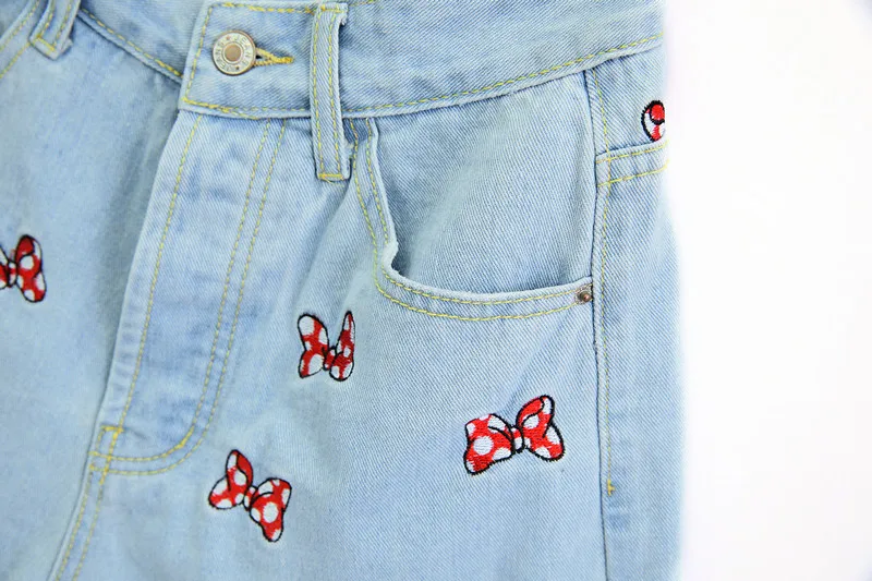 Dave&Di mom denim  high street vintage high waist short feminino  bow embroidery washed mom short women images - 6