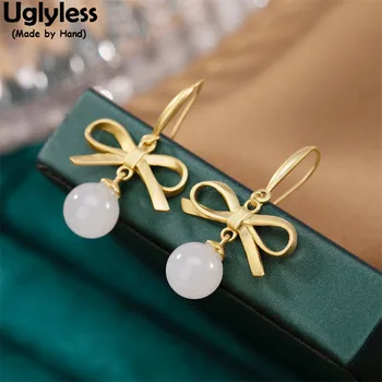 

Uglyless Sweet Bows Earrings for Girls Students Nature Jade Balls Dangle Earrings Gold 925 Silver Brincos Bijoux Gemstones Jewel