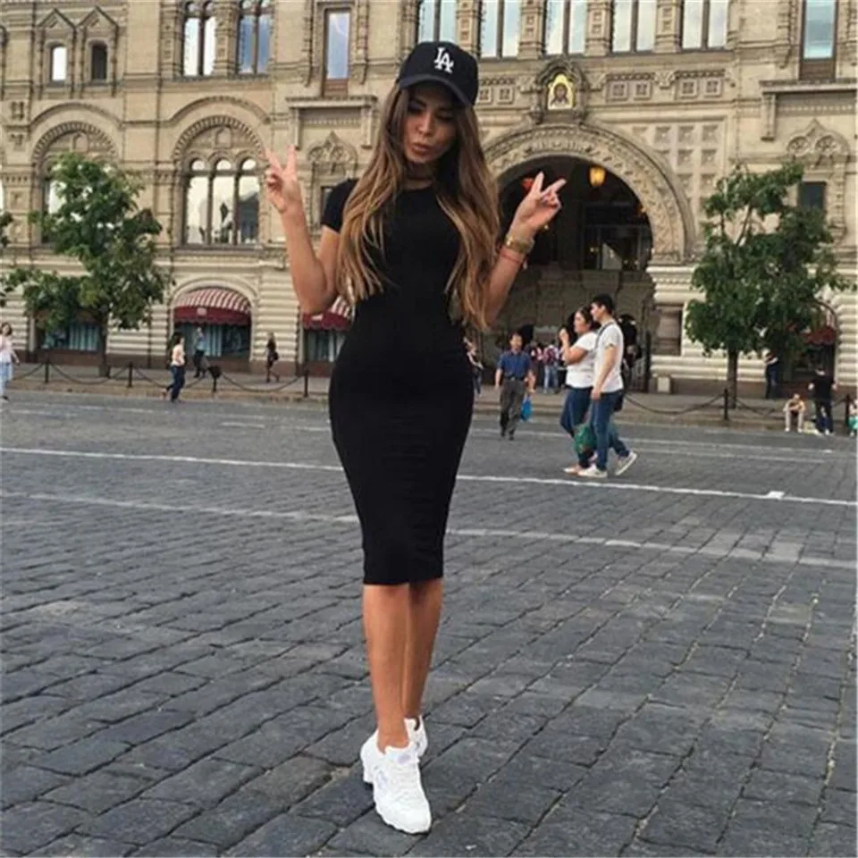 Black Женское облегающее платье для уличной носки, дизайнерское лоскутное платье с круглым вырезом и коротким/длинным рукавом, однотонное женское осенне-зимнее обтягивающее платье - Цвет: Black
