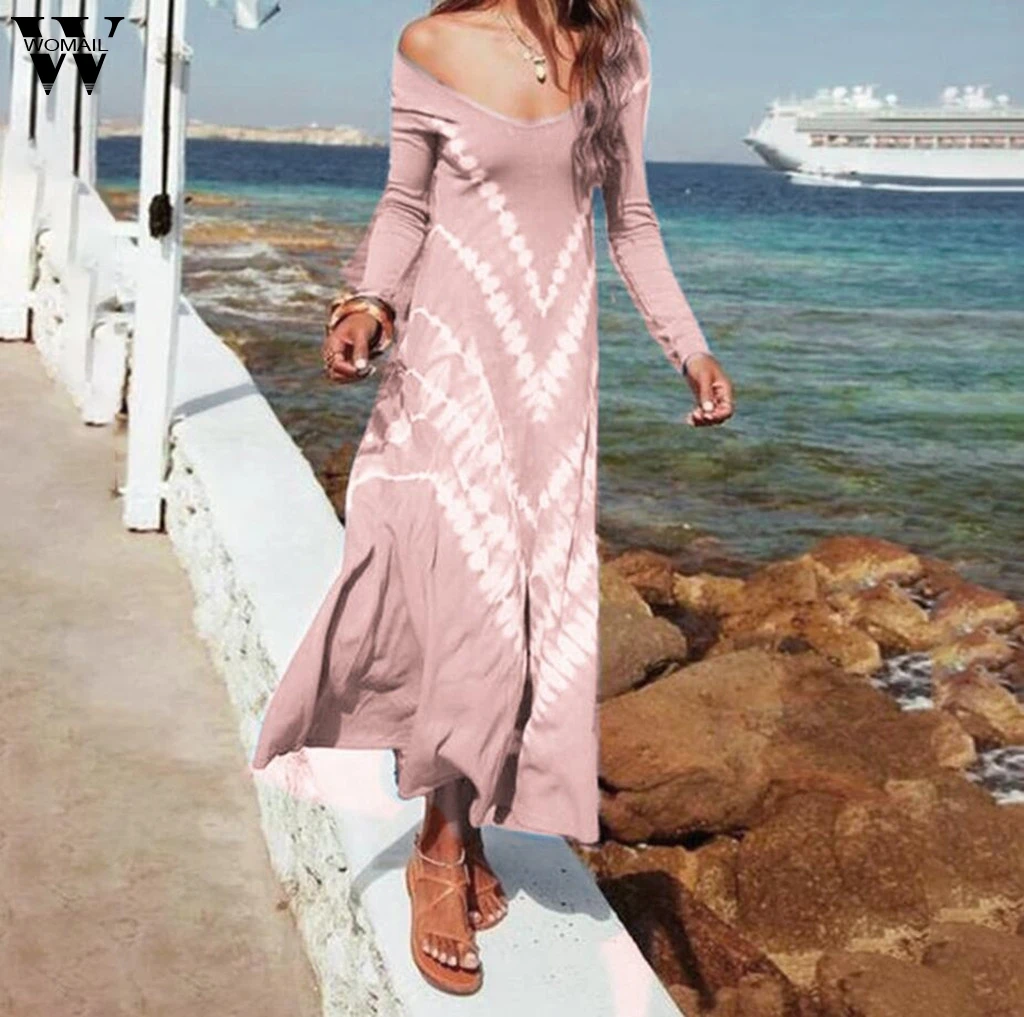 Womail плюс размер boho Платье женское осеннее с v-образным вырезом свободное с длинным рукавом постепенное Printarrival сексуальное платье женское vestido invierno mujer
