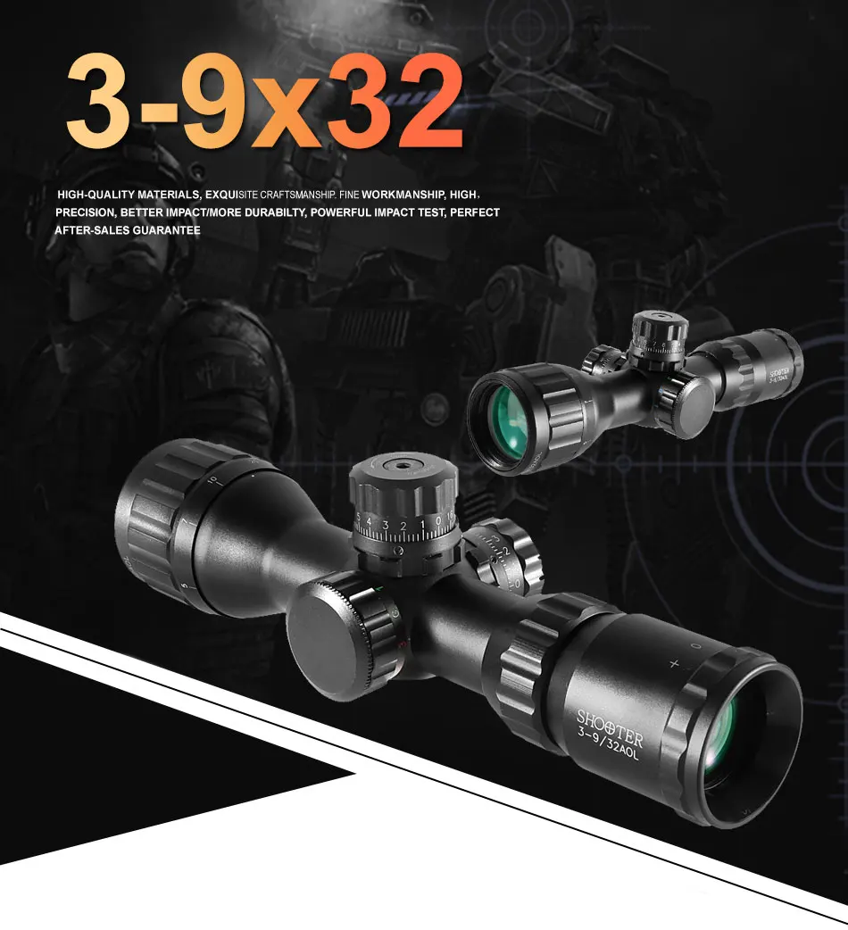 Rifle Scope Hunting Scope 3-9X32 AOL RGB Telescopic Sight Sunshade Lens Cover 