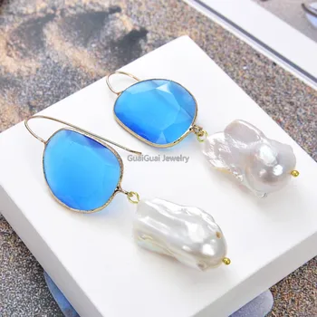 

GG Jewelry White Keshi Pearl Blue Crystal Earrings