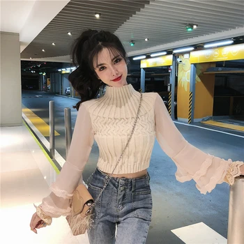 

RUGOD 2020 New Arrivals Spring Autumn Knitted Half-turtleneck Patchwork Chiffon Flare Sleeved Tunic Fashion Stylish Tops Female