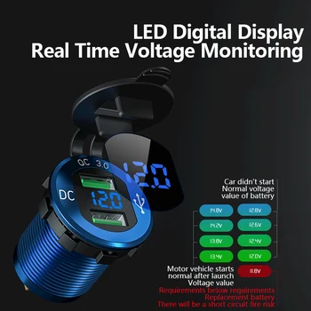 

New Dual USB 12V/24V QC 3.0 Car Charger Aluminum Socket Power Outlet Charger With Digital Voltage Display For Car Motorcycle