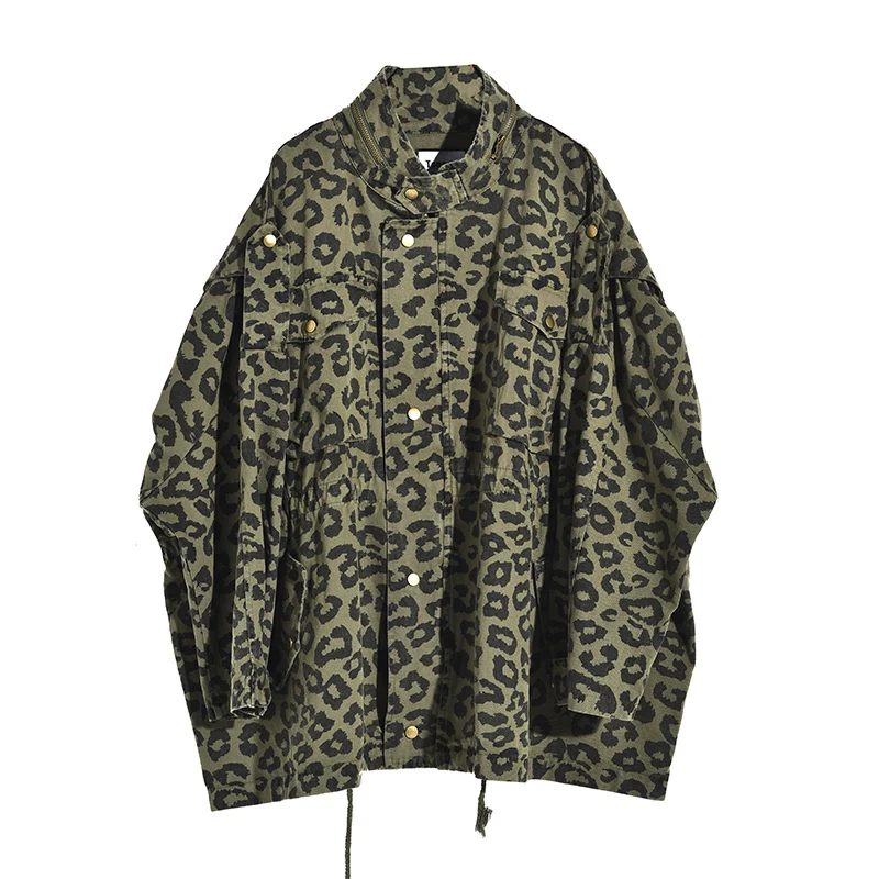 [EAM] Новинка весна осень стоячий воротник длинный рукав армейский зеленый Леопардовый узор большой размер куртка Женское пальто мода волна JI801