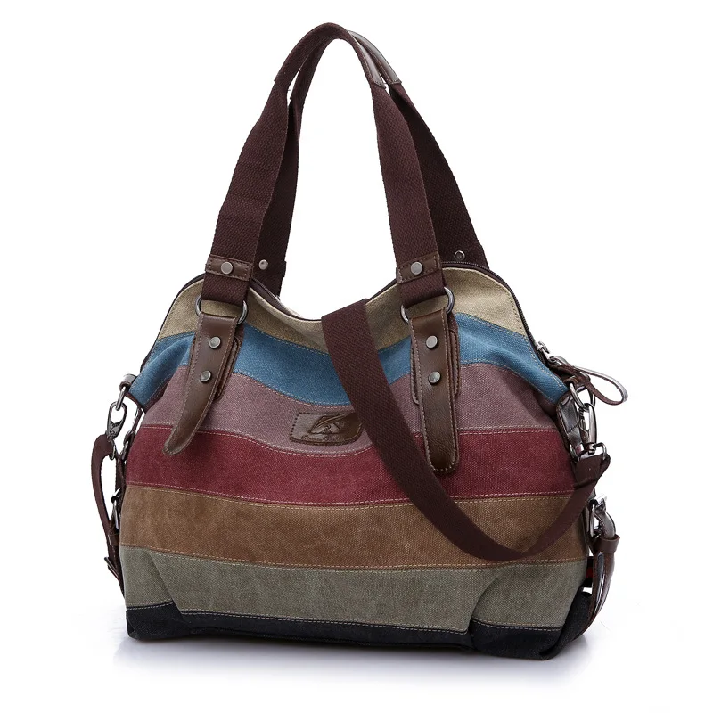 

New Style Canvas Bag Women's Shoulder Cross-body Hand Large-Volume Retro Contrast Color Joint Simple Large Bag