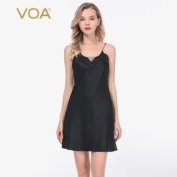

VOA 19MM Satin Stretch Silk Small A- Style Slim-Fit Skin-Friendly Thin Bottom Strap Dress DE3