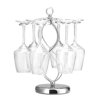 

Countertop Wine Glass Holder - Freestanding Tabletop Stemware Storage Rack Metal Glasses Display Rack Black with 6 Hooks