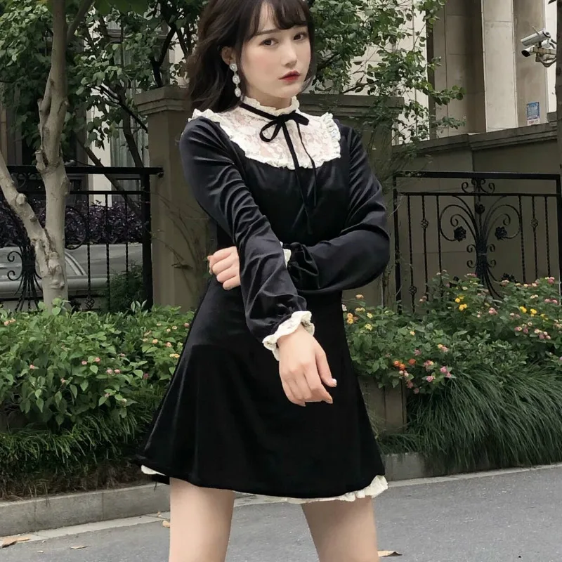 Victorian Vintage Gothic Lolita Dress Girls Japanese Lace Patchwork Lace-up  Stand Collar Velvet Mini Dress Women Punk Dresses - Lolita Collection -  AliExpress