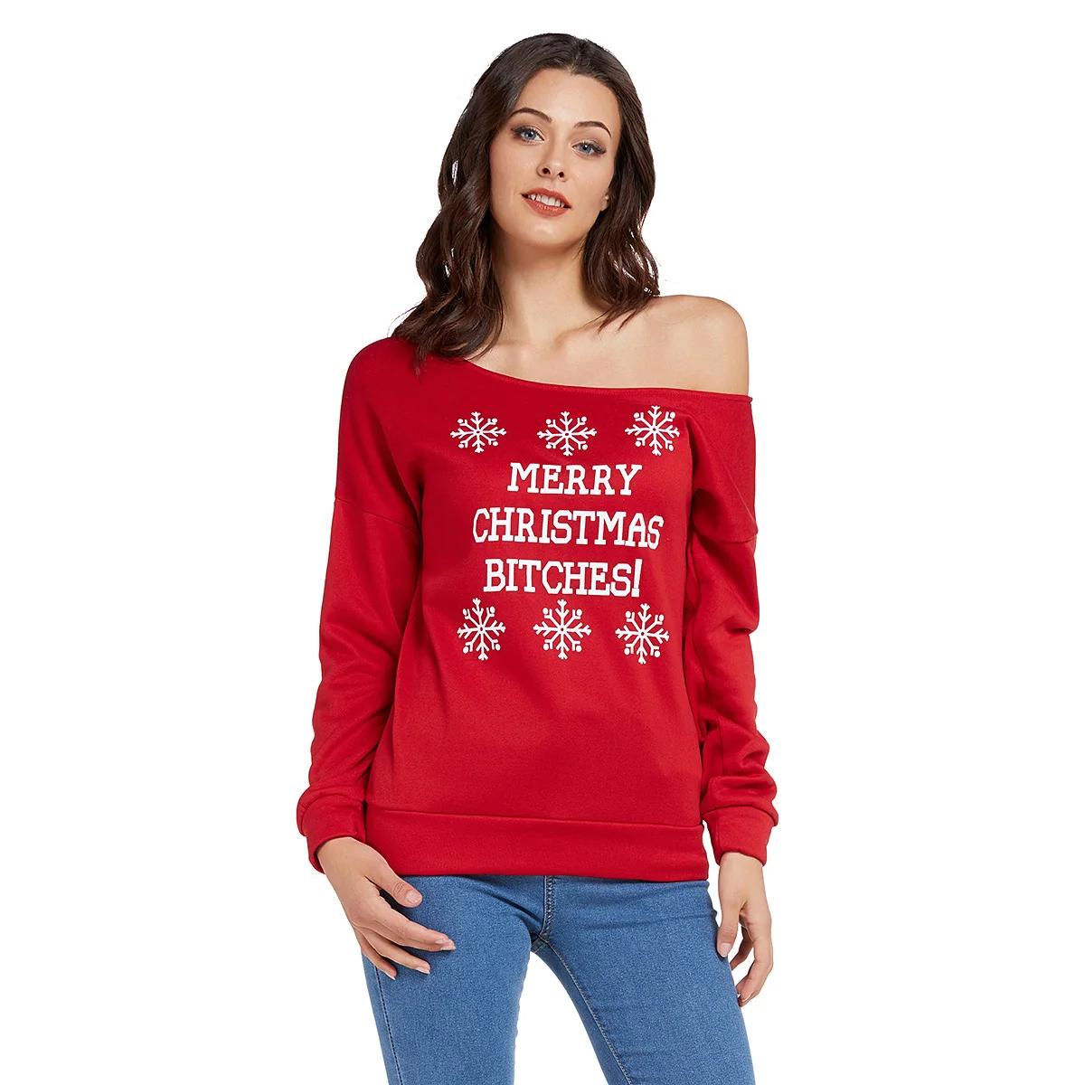 

Fadzeco Autumn Women T Shirt Solid Color Letter Print Femme T-Shirt Chrismas Clothing Slash Neck Long Sleeve Christmas Costume