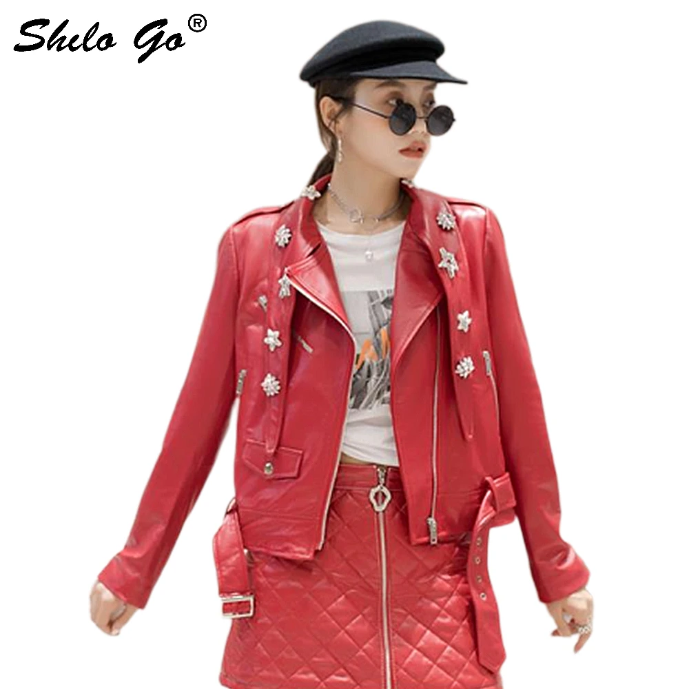 Echt Lederen Jas Multicolor Ster Kralen Deatil Notched Hals Zip Jacket Jas Vrouwen Herfst Gesp Belted Solid Uitloper Jas Echt Lederen Jas Multicolor Ster Kralen Deatil Notched Hals Zip Jacket Jas Vrouwen Herfst Gesp Belted Solid Uitloper Jas