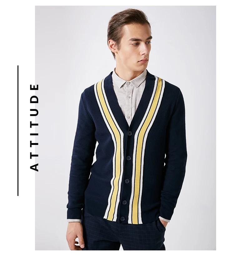 Отборный мужской свитер в полоску из хлопка контрастный кардиган трикотажная одежда S | 419124527