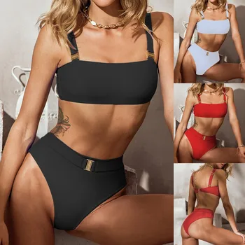 

Women Tow-piece Swimsuit Solid High Waist Buckle Bikini Set Beachwear Swimwear Купальник Купальник Женский Bikini Swimwear Women