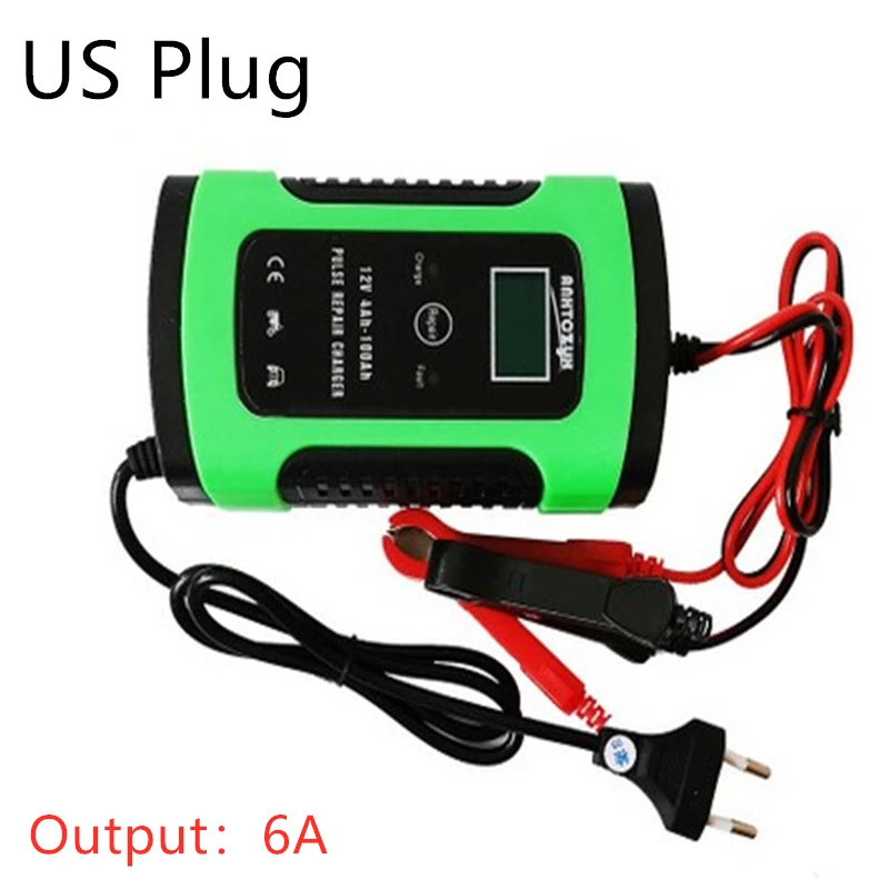 Green-US plug 12 В 6А полностью автоматическое автомобильное зарядное устройство для ремонта импульсов зарядное устройство s влажная сухая свинцово-кислотная батарея зарядное устройство s цифровой ЖК-дисплей - Цвет: Green-US plug
