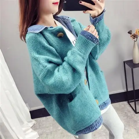 

Fashion Pocket Denim Stitching Fake Two-piece Knit Cardigan Women 2019 Autumn Loose Lazy Wind Long Sleeve Turn-down Sweater Coat