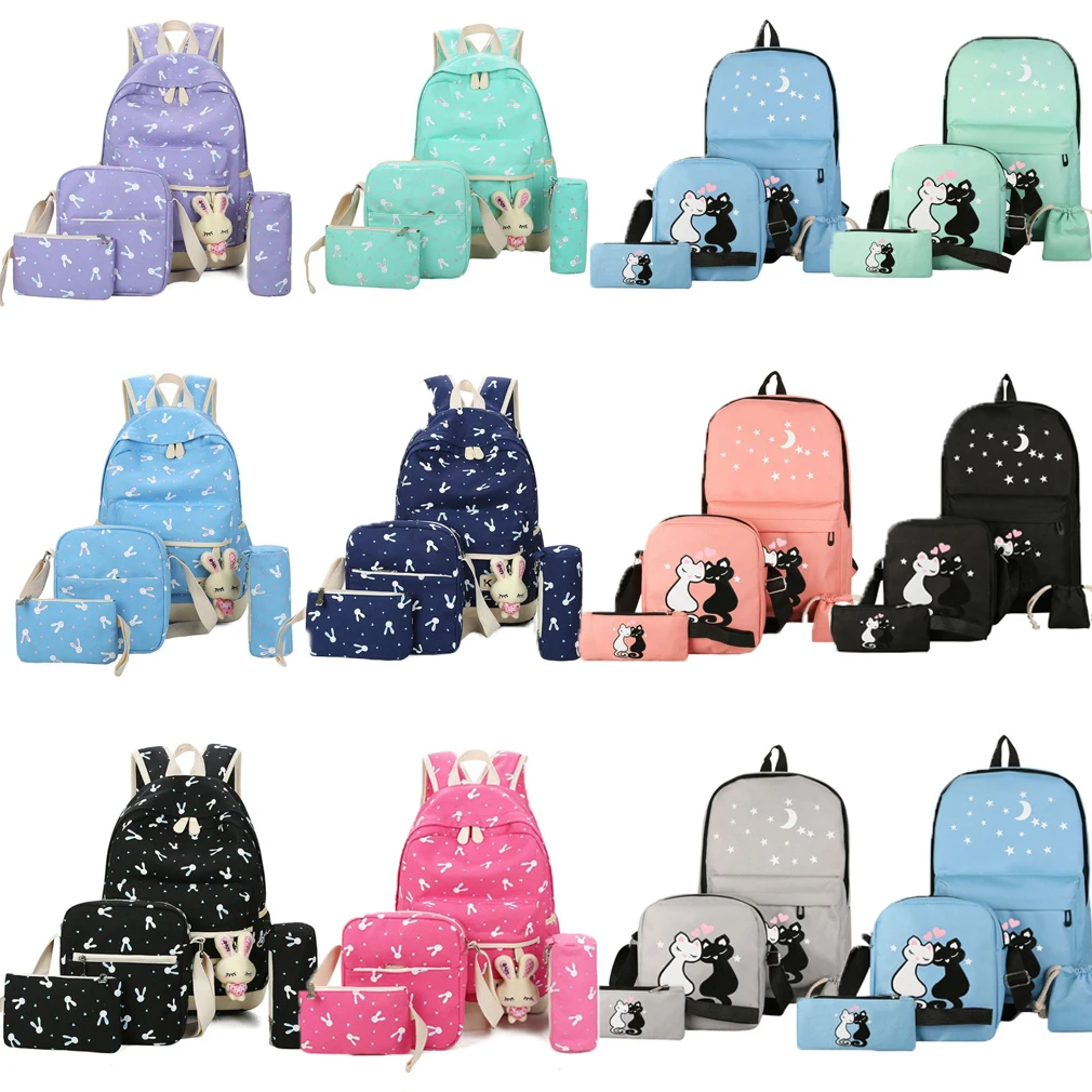 New Casual Cartoon Backpack Ladies Girls Women Print Bag Medium Large Rucksack School Travel Canvas Bags 4 pcs Sets