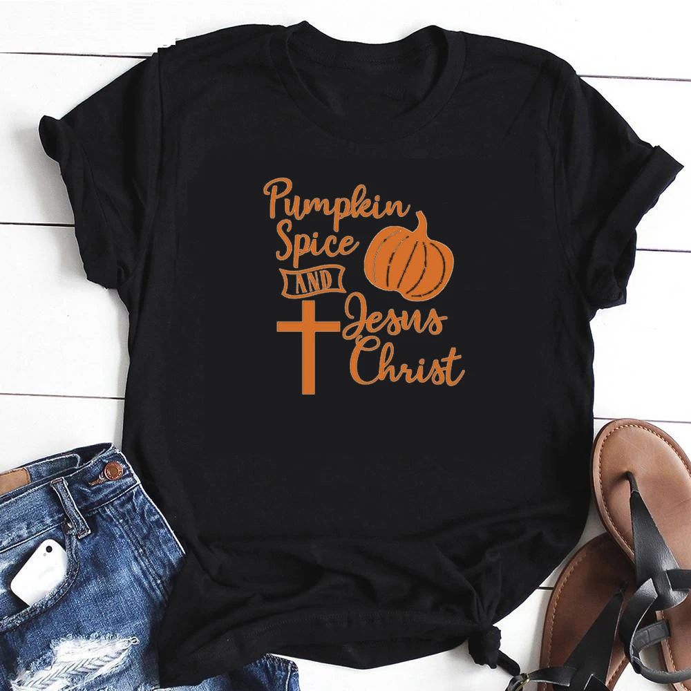Black-Orange txt Тыква специй и Иисуса Христос Крест футболка хлопок Забавный Унисекс Женская графическая мода гранж Футболка Топ Прямая - Цвет: Black-Orange txt