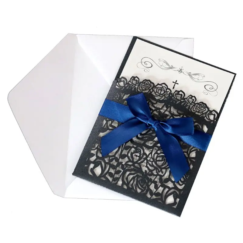  10pcs/set Glitter Hollow Rose Invitations Cards Cover Kits With Bow Ribbon For Wedding Bridal Showe - 4000265621061