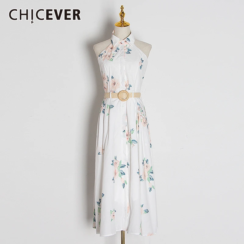 

CHICEVER Print Hit Color Elegant Dress Female Halter Off Shoulder High Waist Sashes Slim Maxi Women Dresses Clothes 2020 New