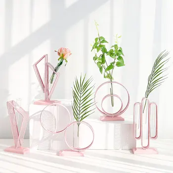 

Crystal Glass Test Tube Vase Simple Geometry Iron Stand Flower Pots Hydroponic Plants Home Garden Decoration