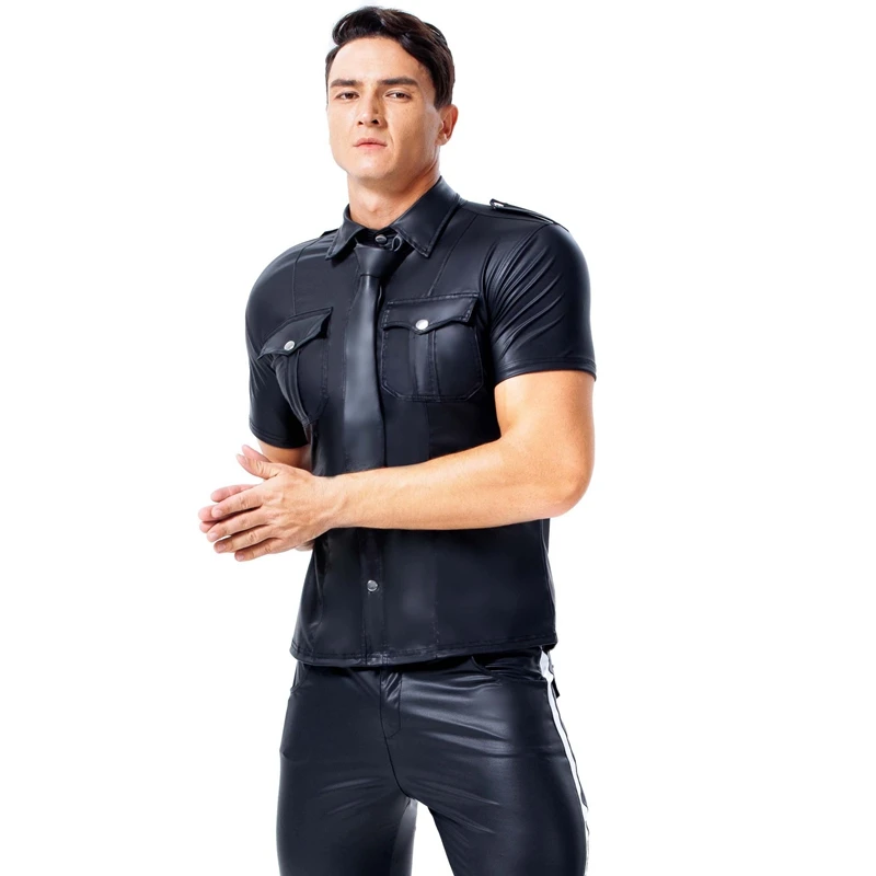 Men PU Faux leather Moto T Shirts hot Sexy Wetlook Fitness Latex Tops Gay Shirts Mens Stage Shirt Casual Party Clubwear costumes