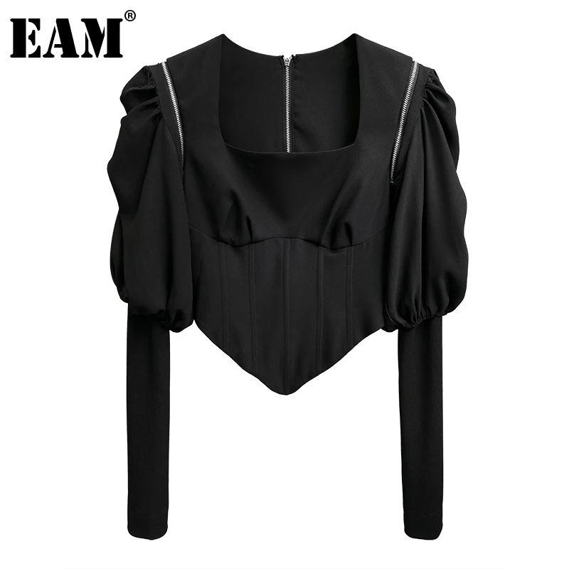 [EAM] Women Black Irregular Zipper Blouse New