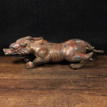 

10"Chinese Folk Collection Old Bronze Cinnabar Lacquer brave troops unicorn statue Office Ornaments Town House Exorcism