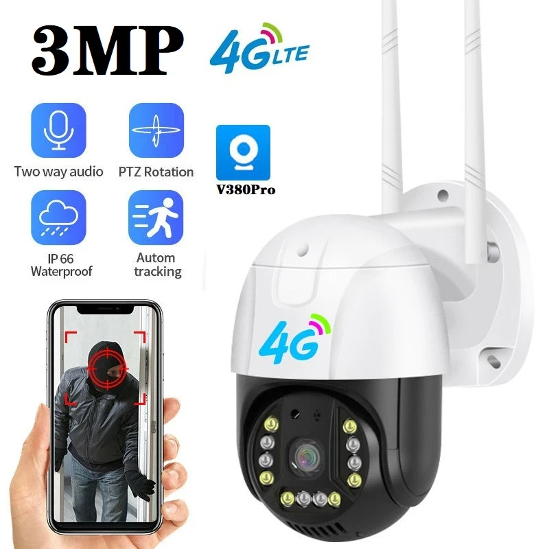 4g 3mp Ptz Camera Outdoor Sim Card Security Camera Cctv Surveillance