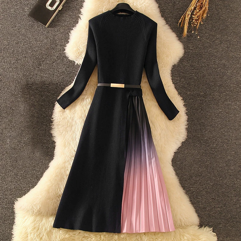 

Autumn Winter Elegant Party Knitted Patchwork Gradient Pink Pleated Dress Women Long Sleeve One-Piece Sweater Dress with Belt