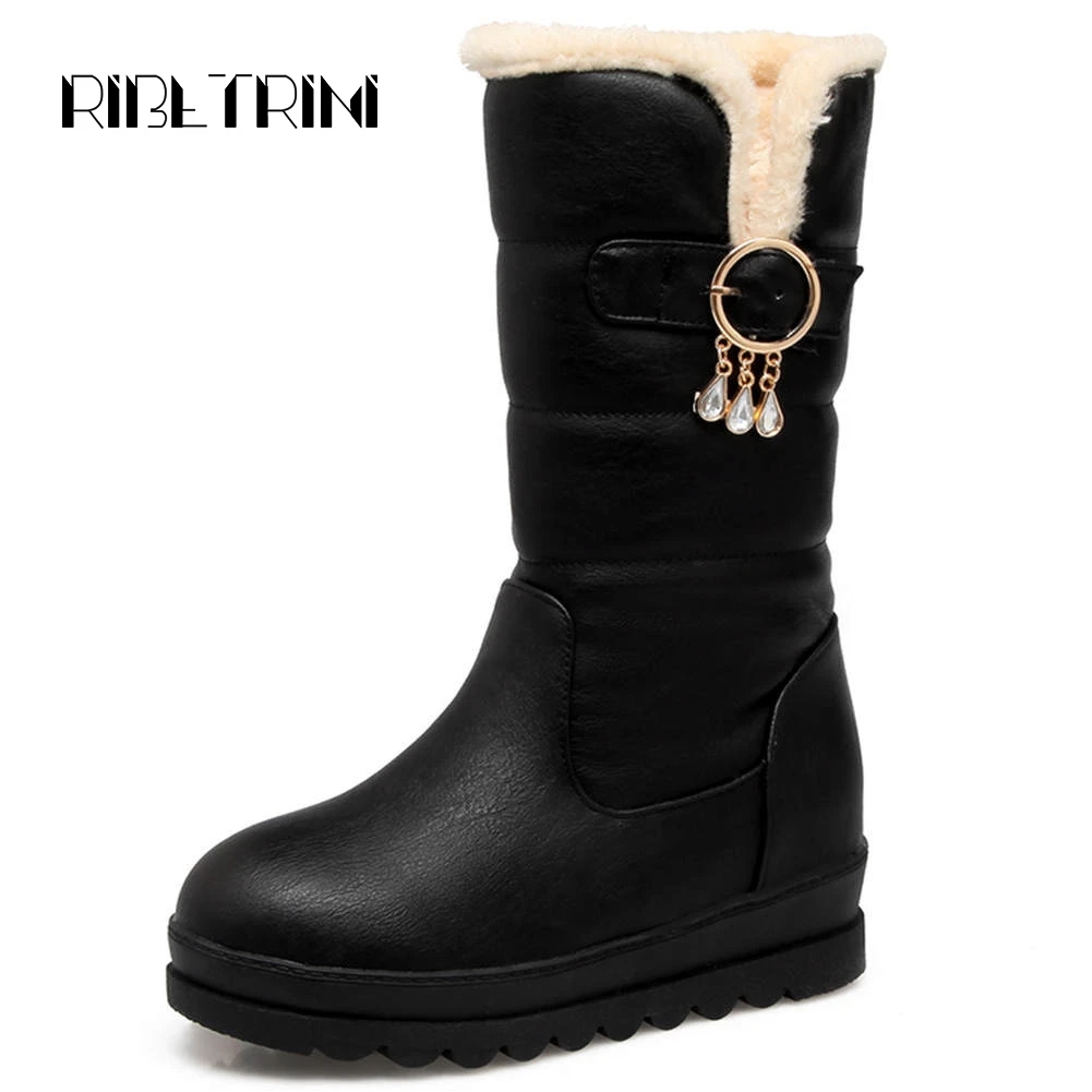 

RIBETRINI Classic Mid Calf Boots Women Hidden Low Wedge Heels Platform Shoes Woman Slip On Winter Warm Fur Snow Boots Big Size