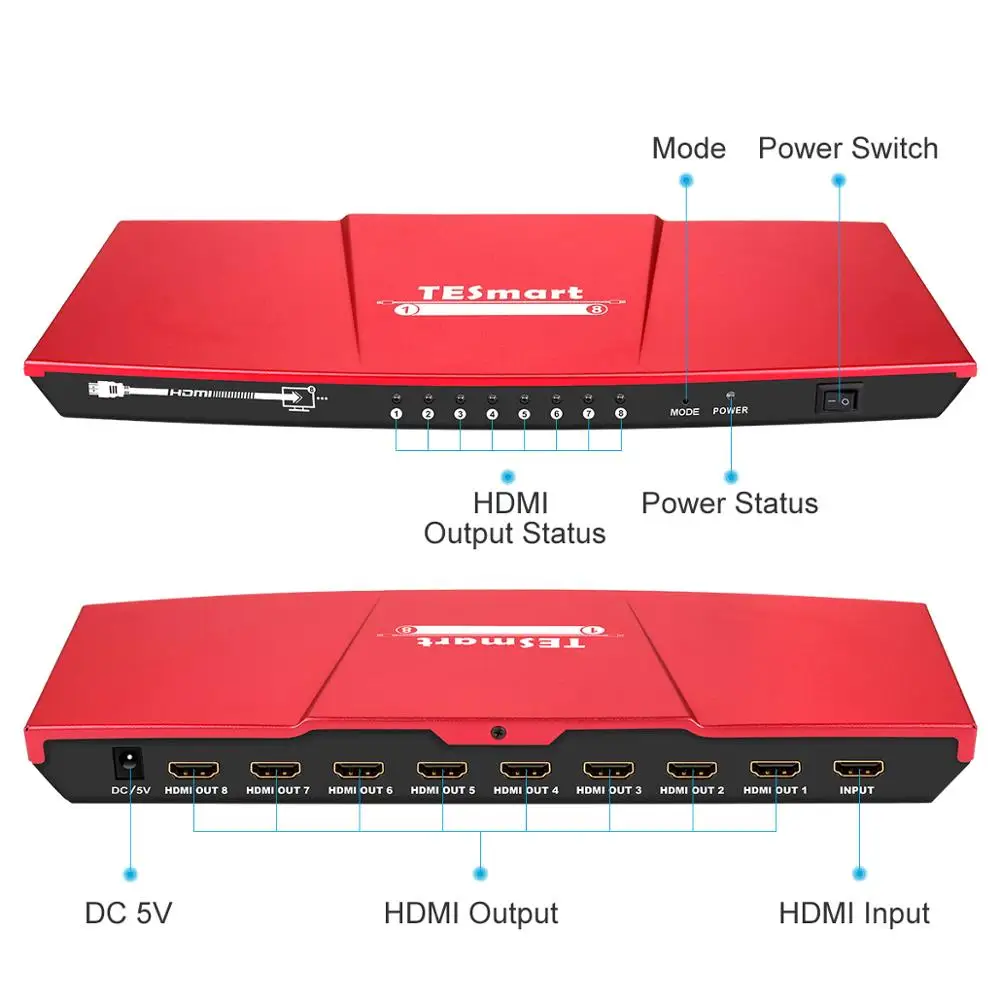 Сплиттер HDMI 1x8 8 портов сплиттер 1 дюйм разрешение до Ultra HD 4K 30 Гц Поддержка
