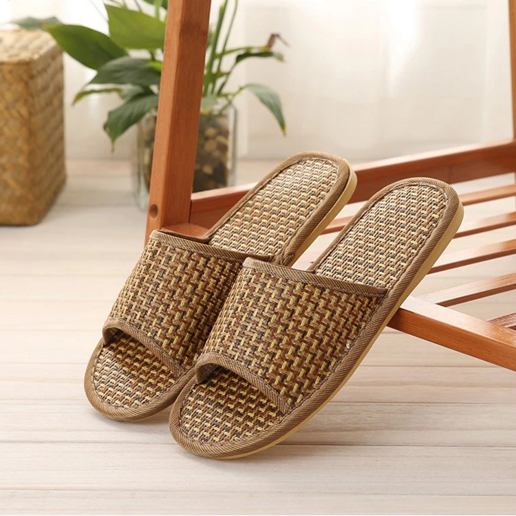 Zapatillas de estar por casa hombre y mujer, pantuflas de verano de hierba de ratán de color natural, de venta al por mayor, pantuflas frescas para correr|Zapatos informales de