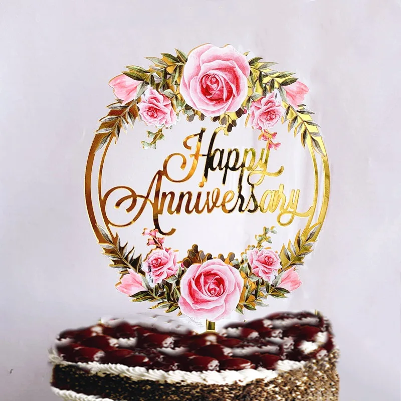 Adorno para tarta de feliz aniversario, adornos acrílicos para pastel de cumpleaños con flores de Color, para bodas, fiestas de San Valentín, pasteles y postres